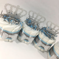 Light Blue, Silver, & Gray Prince Diaper Cake Centerpieces
