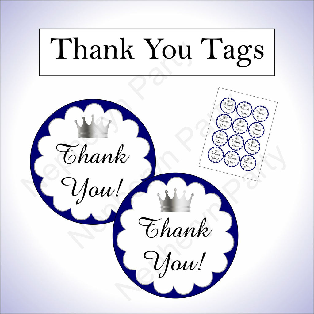 Royal Blue & Silver Little Prince Baby Shower Thank You Tags