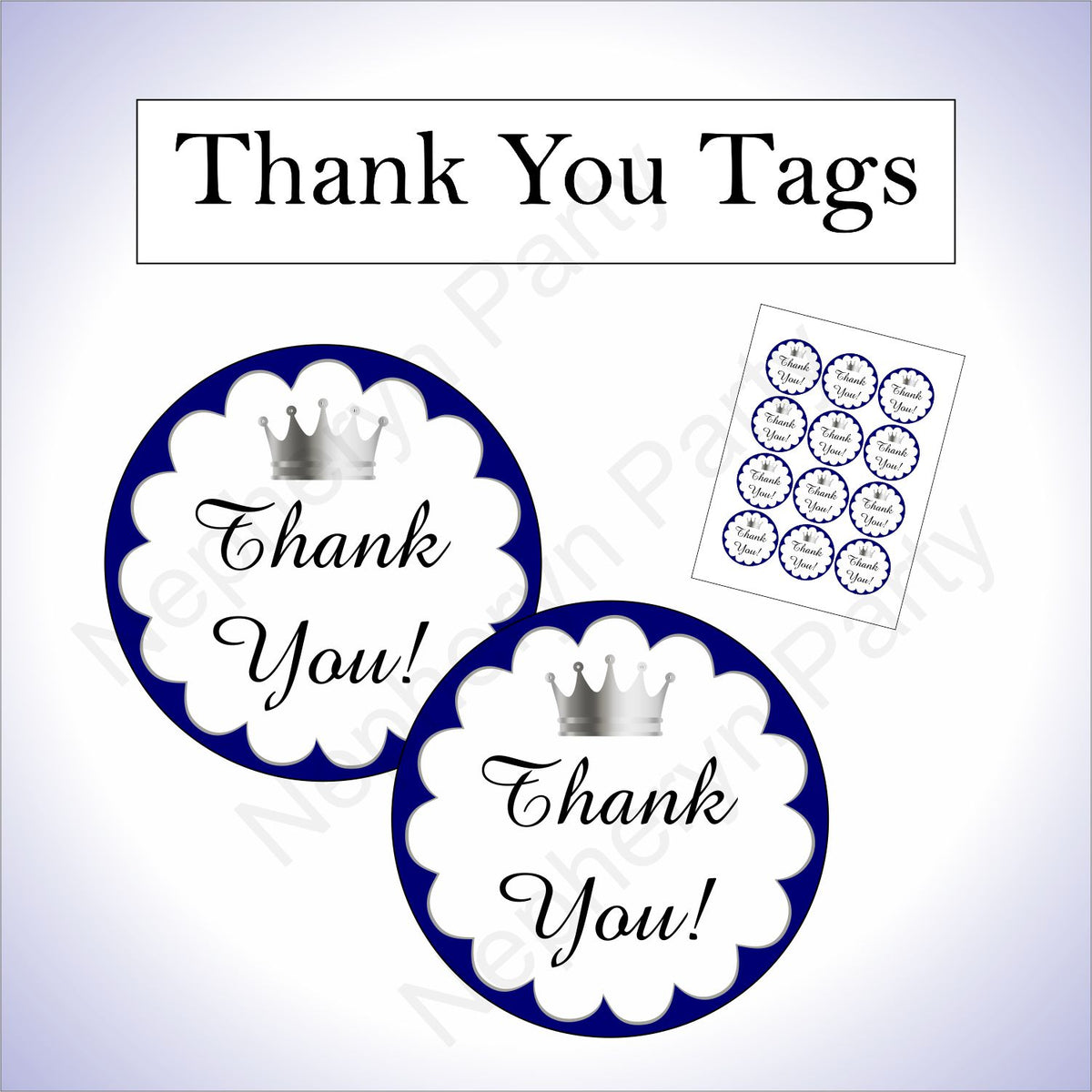 Royal Blue & Silver Little Prince Baby Shower Thank You Tags