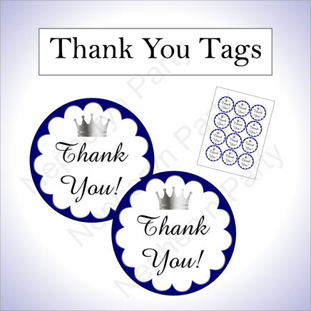 Royal Blue & Silver Little Prince Baby Shower Thank You Tags