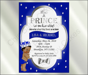 Royal Blue & Silver Prince Baby Shower Invite, Curly