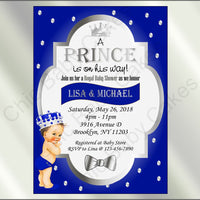 Royal Blue & Silver Prince Baby Shower Invite, Brunette