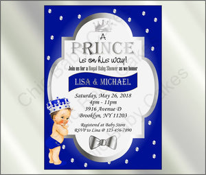 Royal Blue & Silver Prince Baby Shower Invite, Brunette