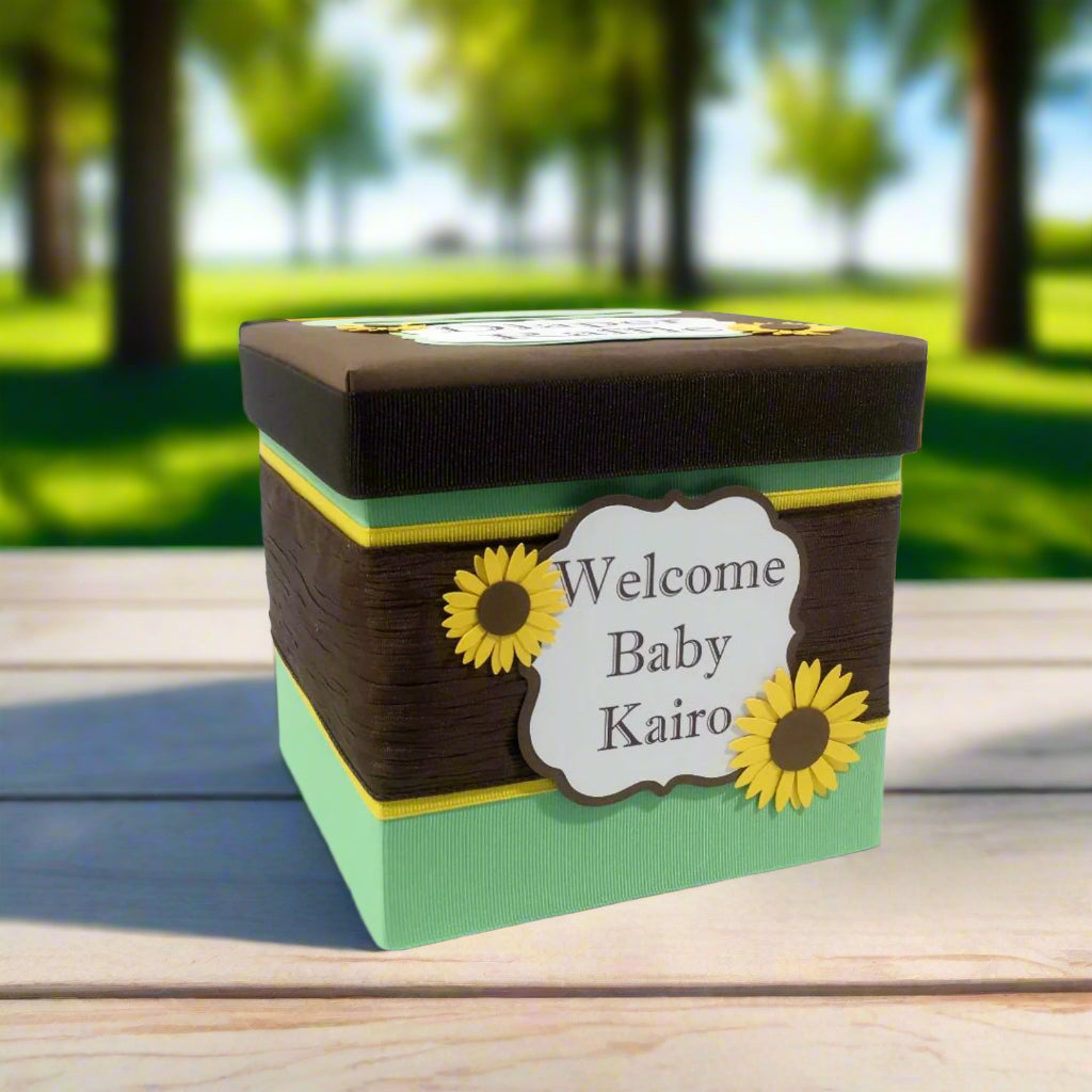 Mint, Yellow, & Brown Sunflower Raffle Ticket Box