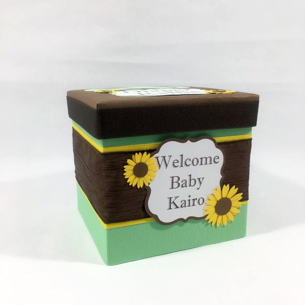 Mint, Yellow, & Brown Sunflower Raffle Ticket Box