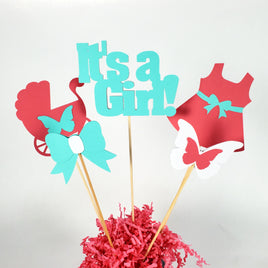 Pink Coral & Aqua It's a Girl Centerpiece Sticks