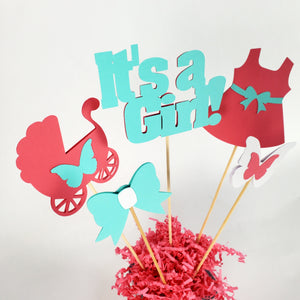 It's a Girl Centerpiece Sticks - Coral, Aqua