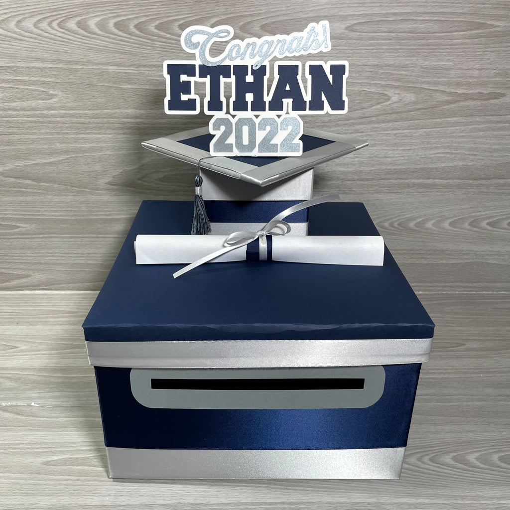 Deep Navy & Silver Graduation Card Box