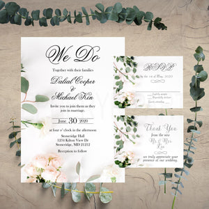 Eucalyptus & Blush Rose Wedding Invite, Rsvp and Thank You