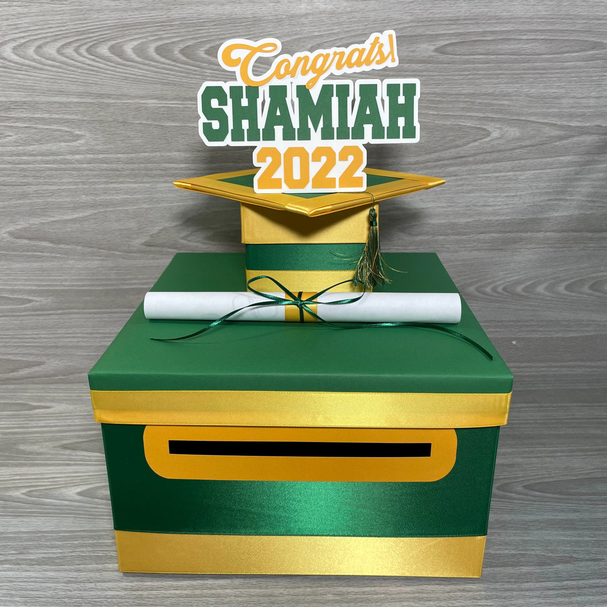 Graduation Card Box - Kelly Green, Yellow Gold 10x10
