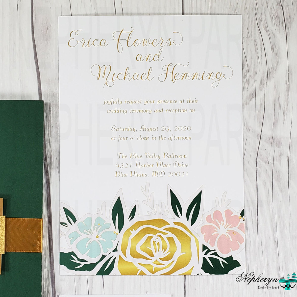 Gold, Mint, Coral, & Green Floral Wedding Invitation Set