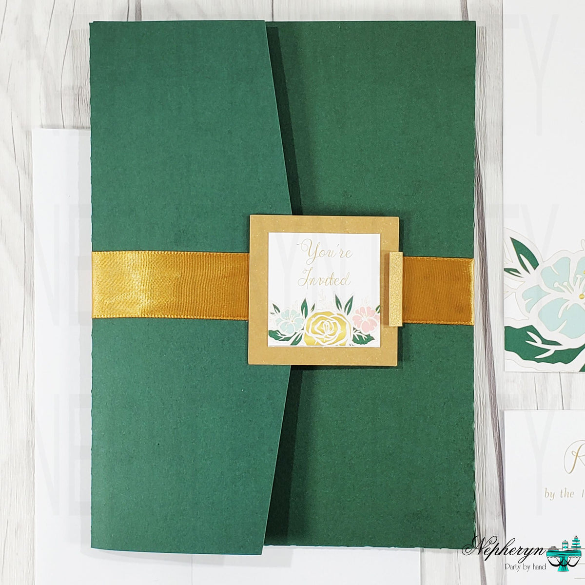 Gold, Mint, Coral, & Green Floral Wedding Invitation Set