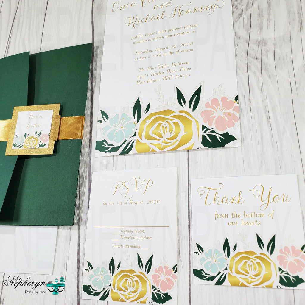 Gold, Mint, Coral, & Green Floral Wedding Invitation Set