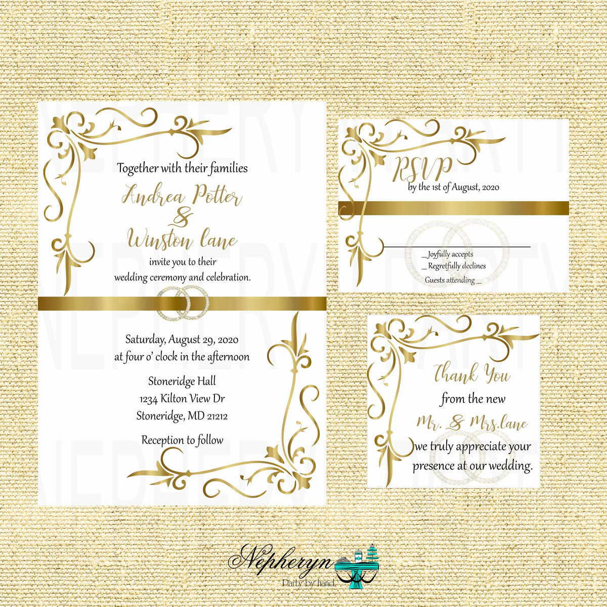Gold & White Elegant Wedding Invite, RSVP Cards, & Thank You Notes