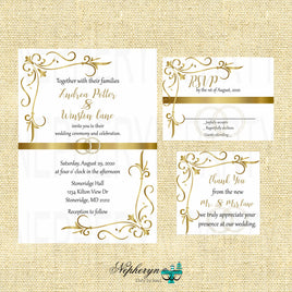 Gold & White Elegant Wedding Invite, RSVP Cards, & Thank You Notes