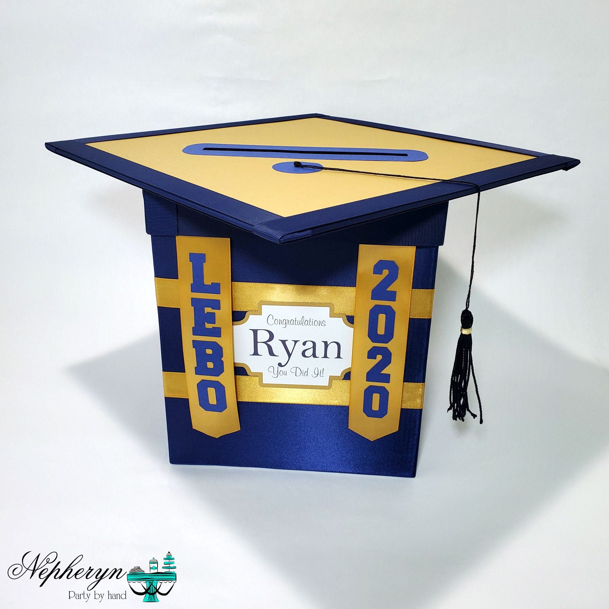 Graduation Cap Card Box - Navy, Gold 8x8 Style 6 Graduation Cap Card Box - Navy, Gold 8x8 Style 6
