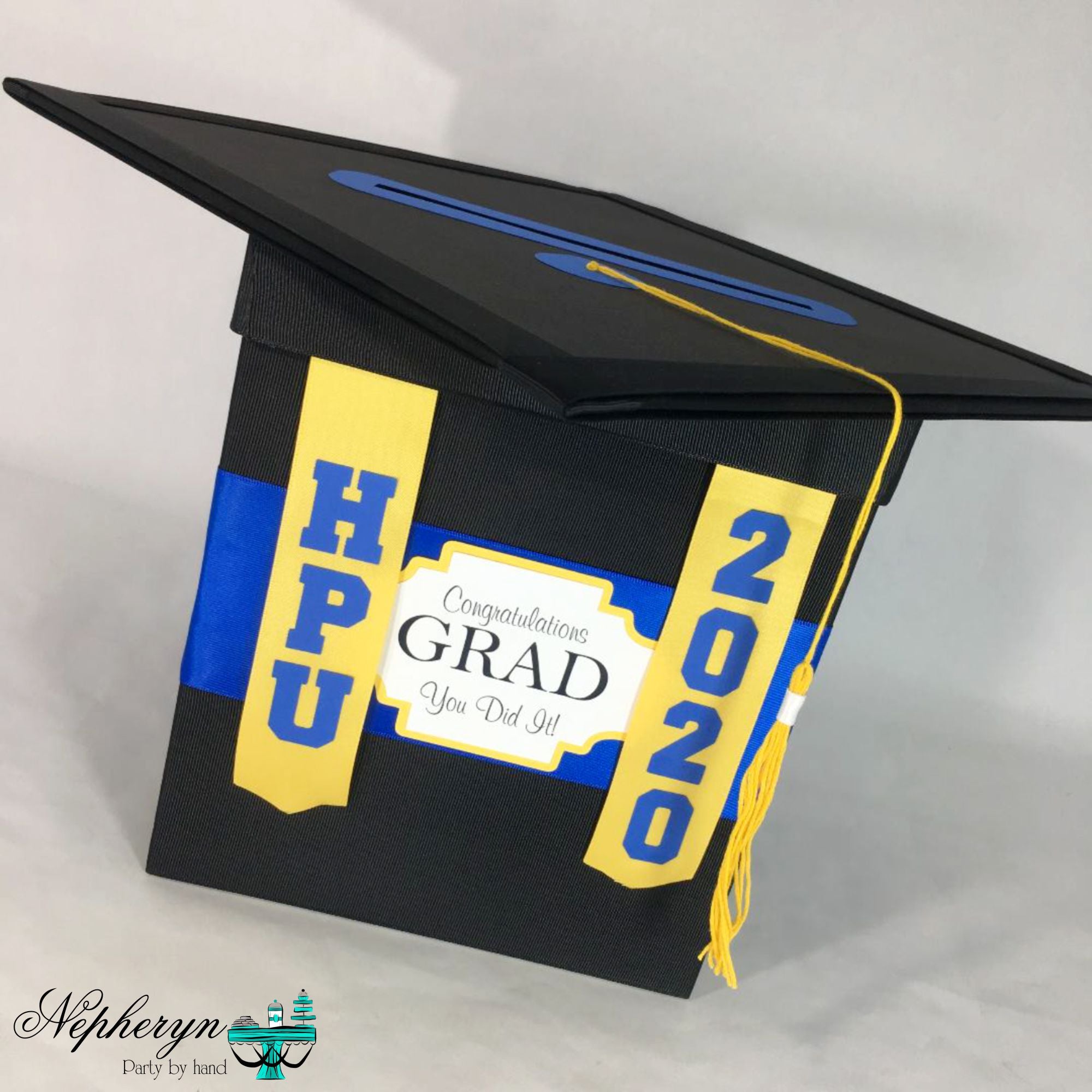 Graduation Cap Card Box - Royal Blue, Yellow Gold, Black 8x8 Style 6| Nepheryn Party Graduation Cap Card Box - Royal Blue, Yellow Gold, Black 8x8 Style 6| Nepheryn Party