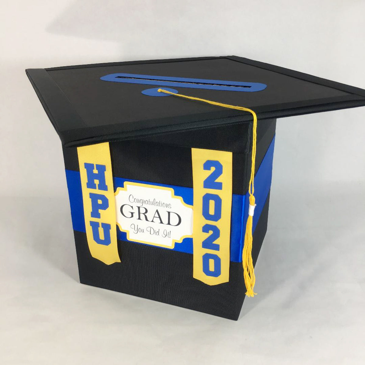 Graduation Cap Card Box - Royal Blue, Yellow Gold, Black 8x8 Style 6