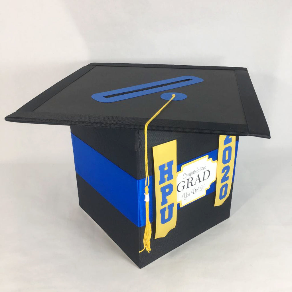Graduation Cap Card Box - Royal Blue, Yellow Gold, Black 8x8 Style 6