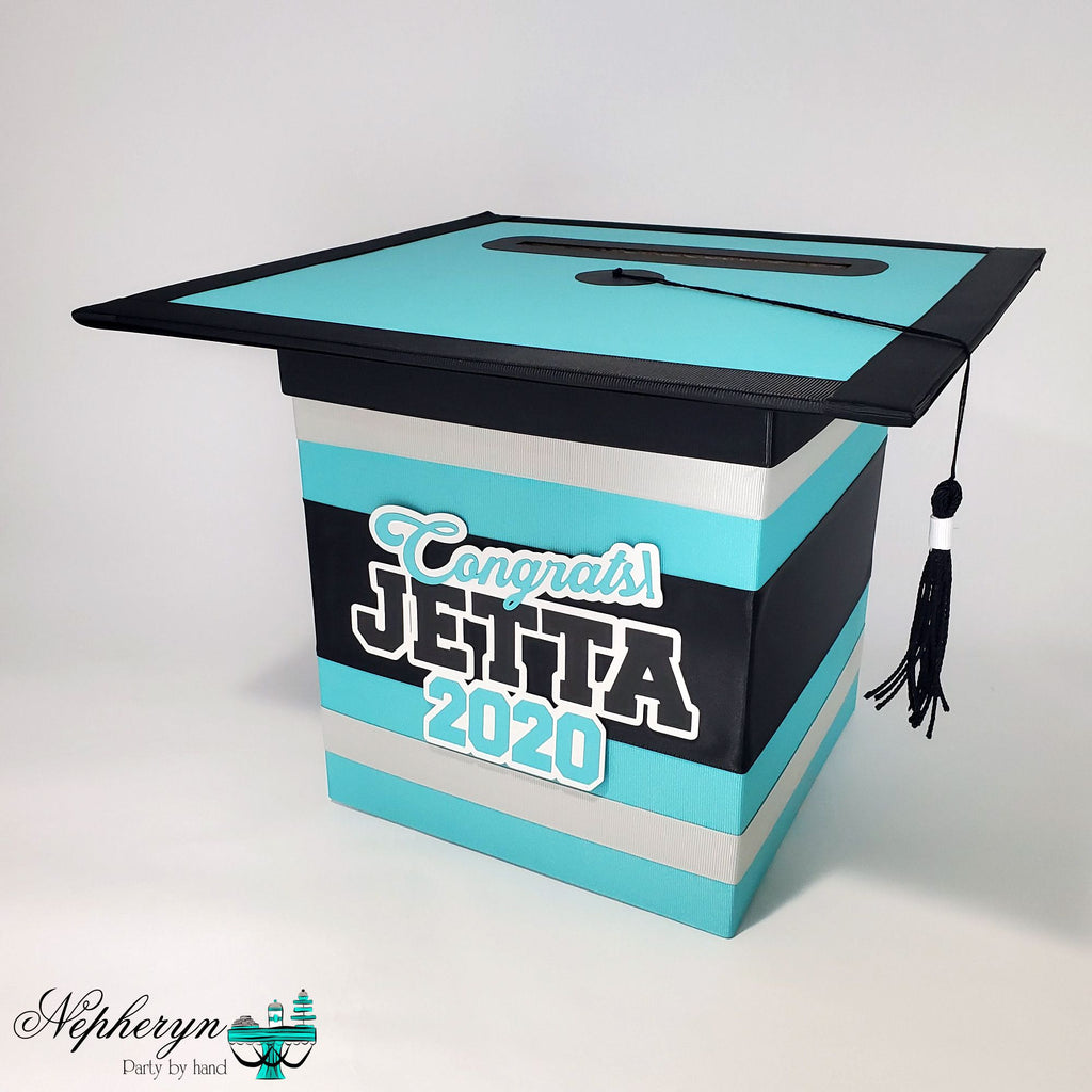 Graduation Cap Card Box - Turquoise, Gray, Black | Nepheryn Party