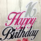 Happy Birthday Cake Topper - Pink, Black, Silver