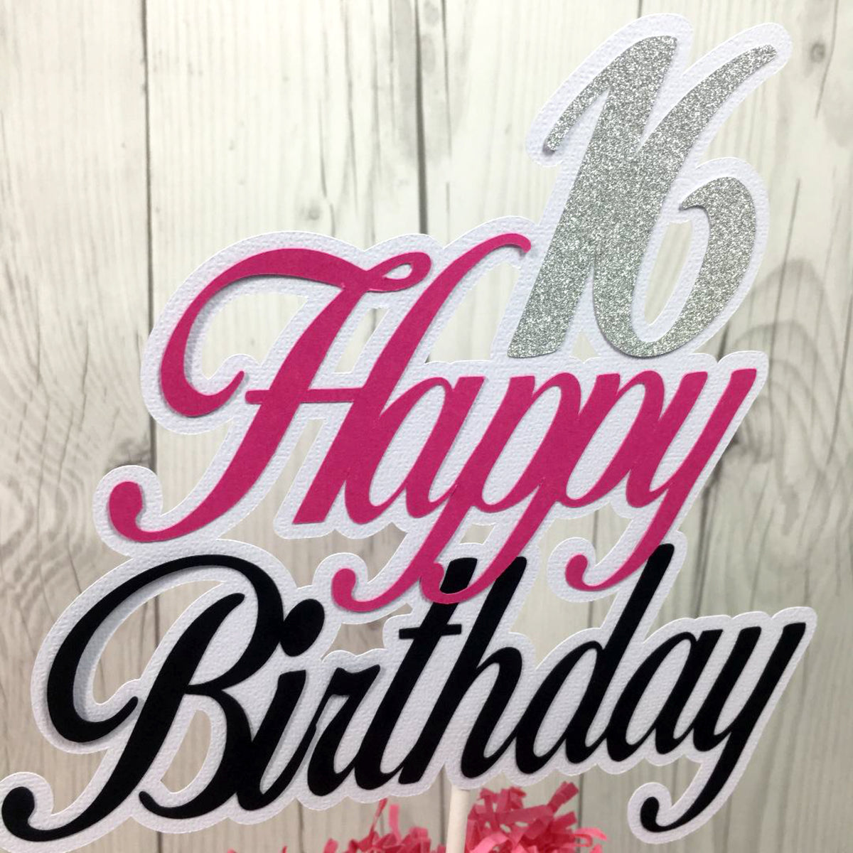 Happy Birthday Cake Topper - Pink, Black, Silver