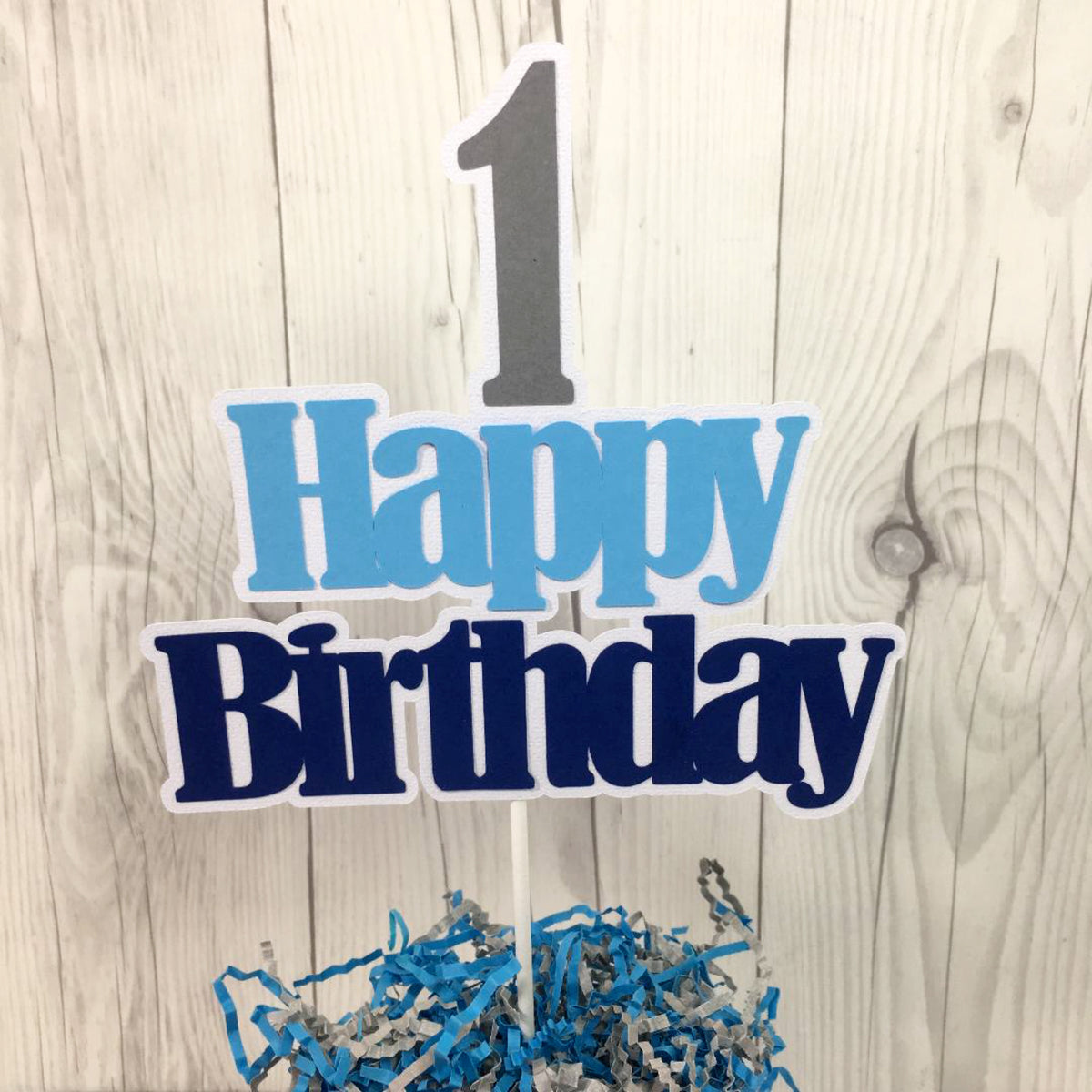 Navy, Light Blue, & Gray Happy Birthday Cake Topper