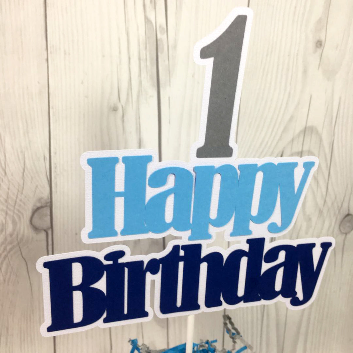 Happy Birthday Cake Topper - Navy, Light Blue, Gray