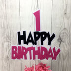 Pink & Black Happy 1st Birthday Cake Topper