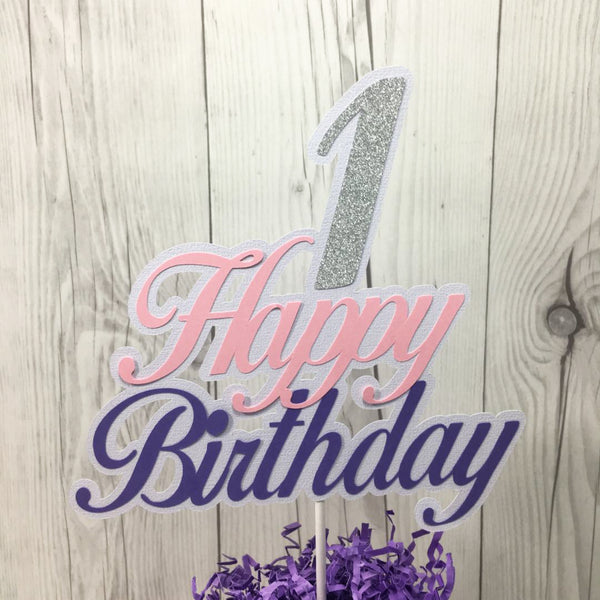 Lavender, Pink, & Silver Happy 1st Birthday Cake Topper