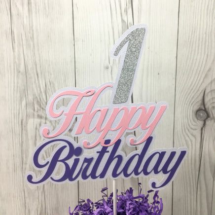 Lavender, Pink, & Silver Happy 1st Birthday Cake Topper