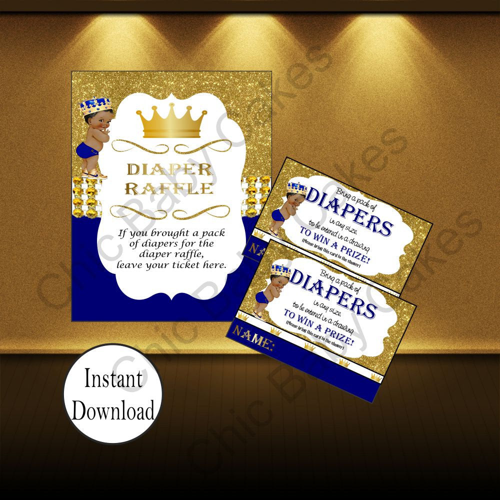 Royal Blue & Gold Prince Diaper Raffle Sign & Tickets