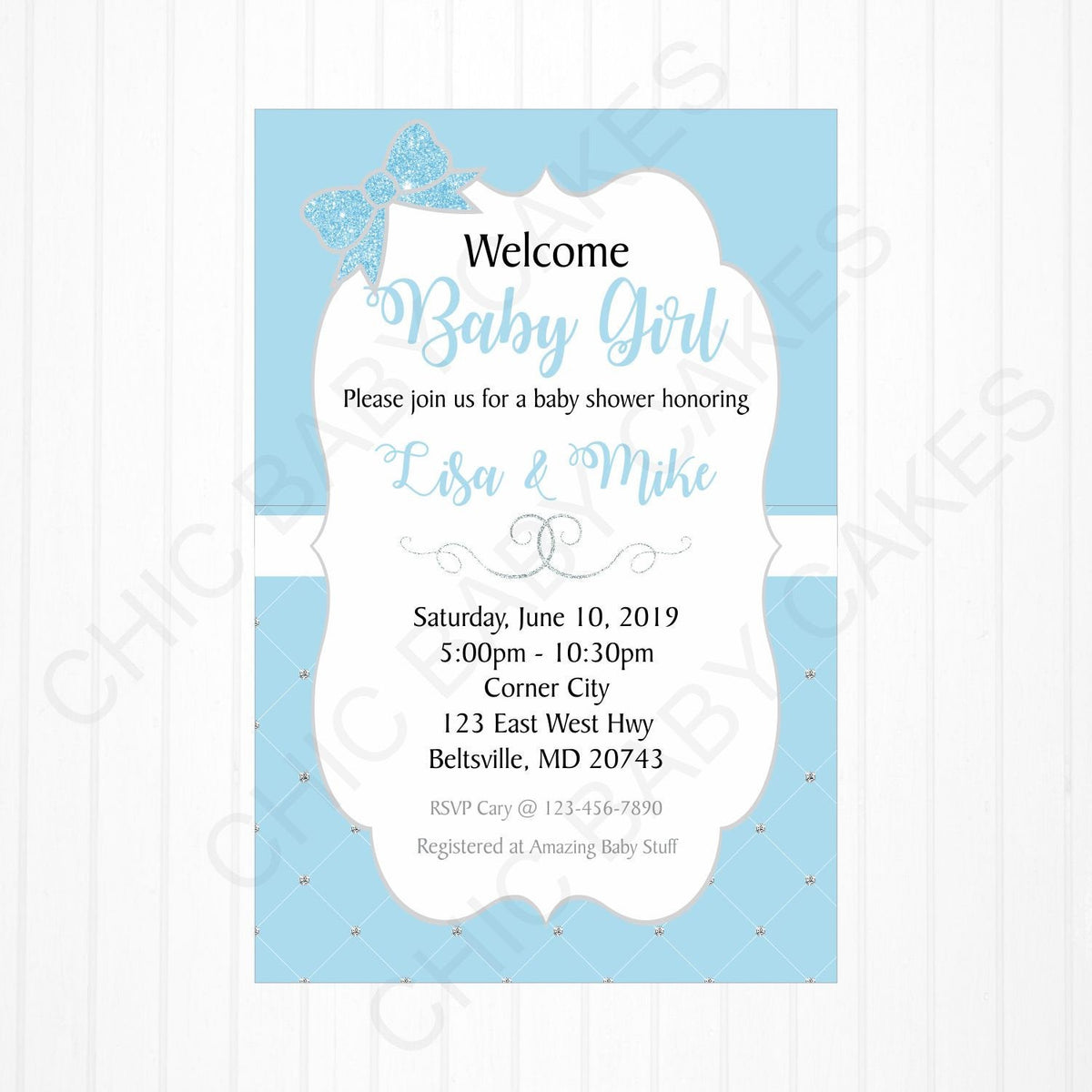 Blue & White Girl Baby Shower Invitation