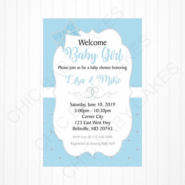 Blue & White Girl Baby Shower Invitation