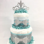 Aqua, Silver, & White Princess Diaper Cake