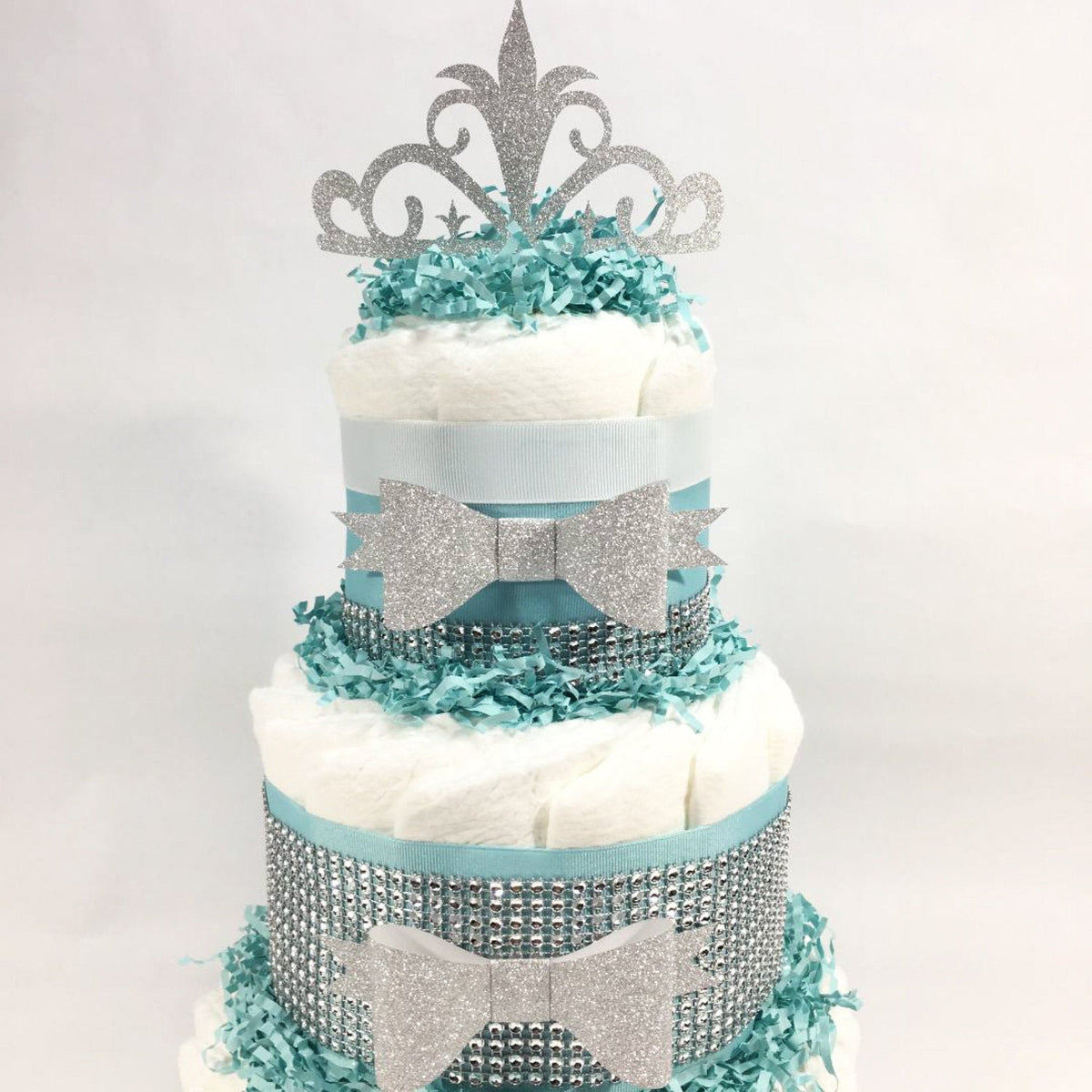 Aqua, Silver, & White Princess Diaper Cake
