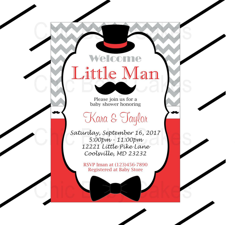Red & Gray Little Man Baby Shower Invite