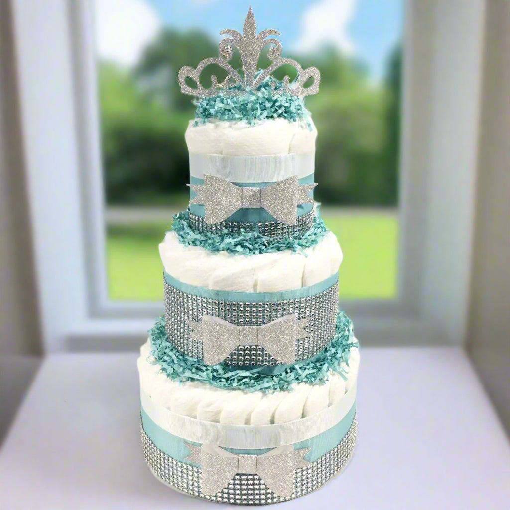 Robin's Egg Blue & Silver Princess Baby Shower Diaper Cake