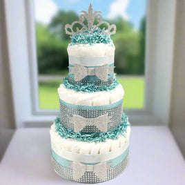 Robin's Egg Blue & Silver Princess Baby Shower Diaper Cake