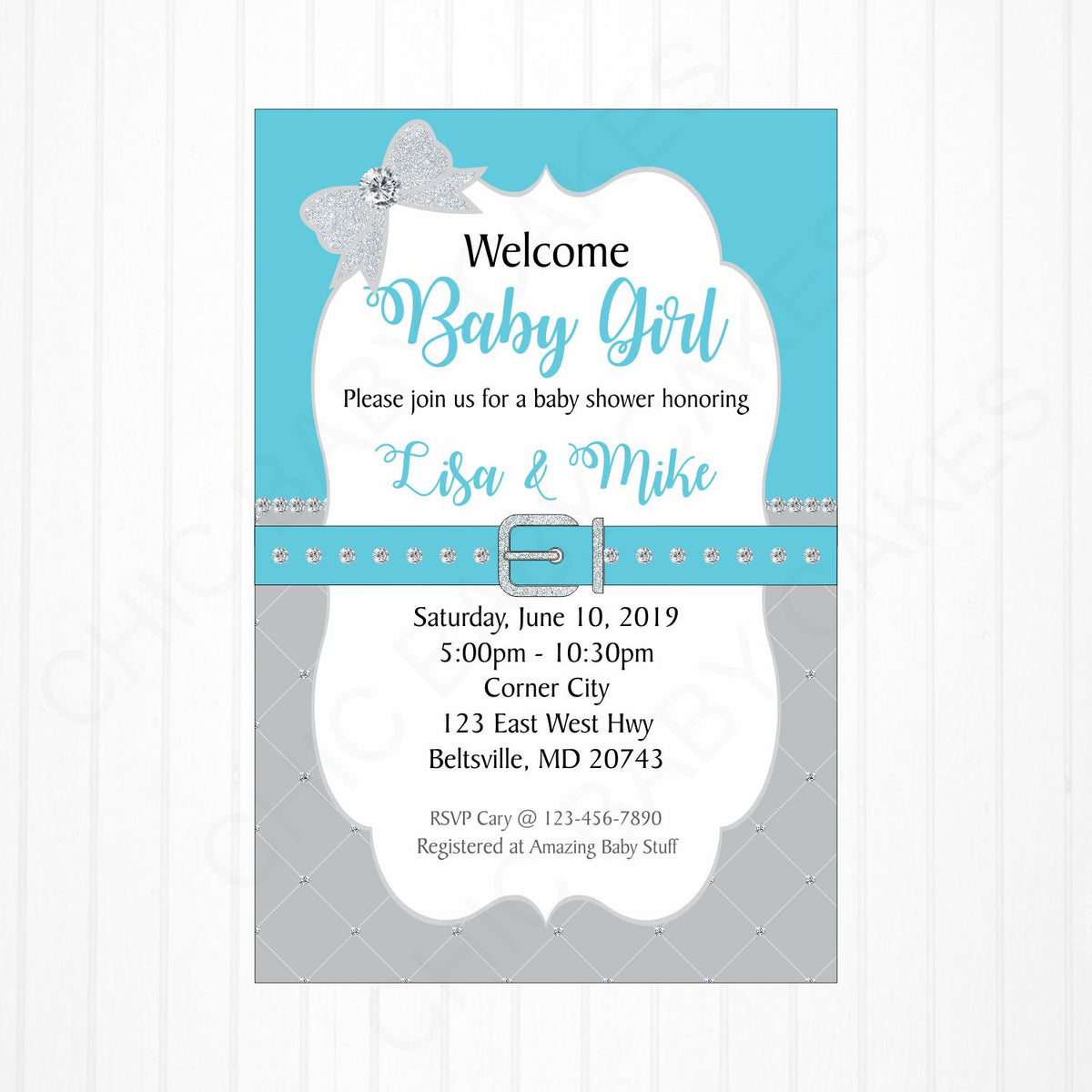 Blue & Silver Girl Baby Shower Invite