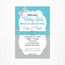 Blue & Silver Girl Baby Shower Invite
