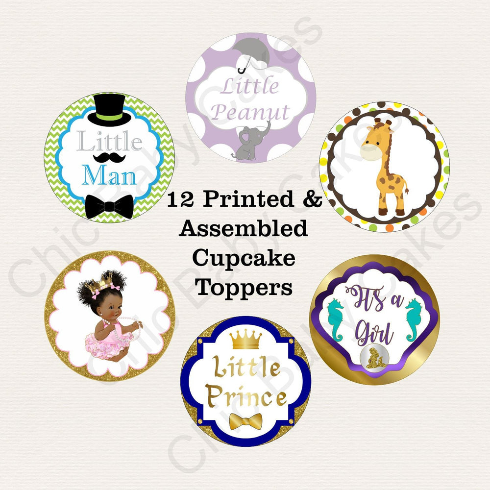 Any Set of 12 Cupcake Toppers Printed and Assembled, Baby Shower or Birthday Cupcake Toppers