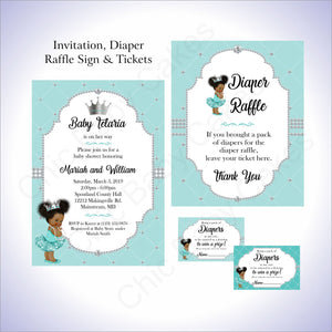 Teal, Silver Little Princess Invite, Diaper Raffle Sign, & Tickets