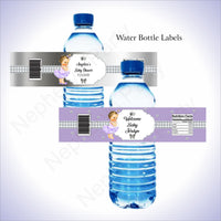 Lavender & Silver Girl Baby Shower Water Bottle Labels, Brunette