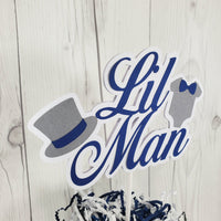 Navy, Gray, and White Little Man Cake Topper for a Boy Baby Shower or Birthday Party