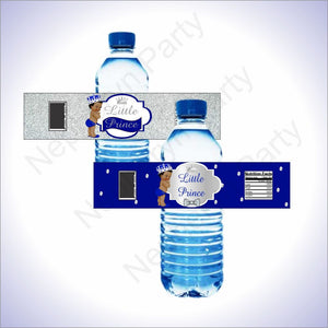 Royal Blue and Silver Little Prince Water Bottle Labels, Black Hair