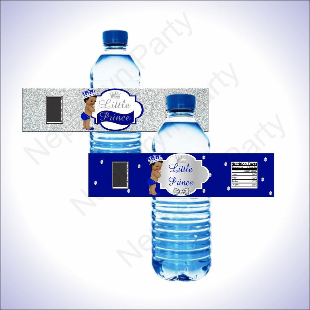 Royal Blue and Silver Little Prince Water Bottle Labels, Black Hair