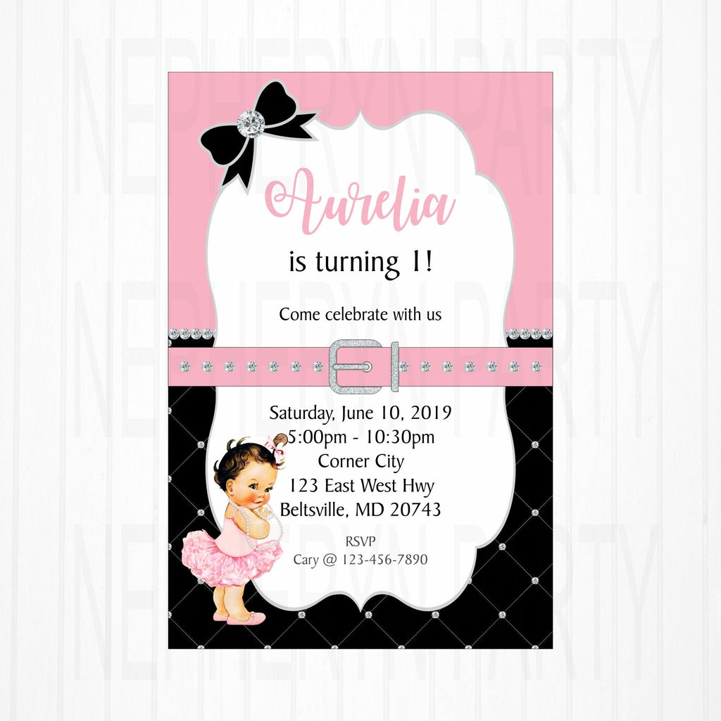 Printable Pink, Black, and Silver Baby Girl Birthday Party Invitation