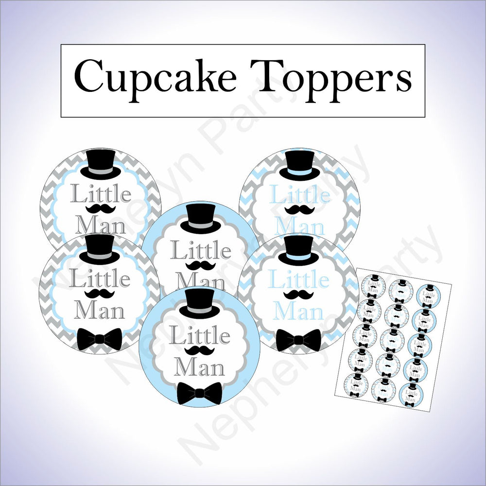 Light Blue & Gray Little Man Cupcake Toppers