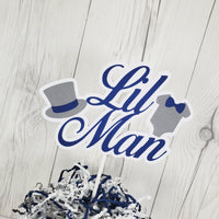 Navy, Gray, and White Little Man Cake Topper for a Boy Baby Shower or Birthday Party
